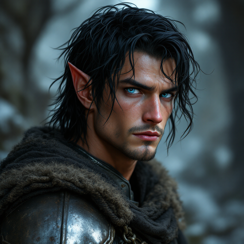 Dungeons and dragons character concept portrait. Male Paladin, Half-Elf race, The half-elf is a tall, slender figure. They have a graceful appearance with high cheekbones. Their eyes are typically vibrant and round like human eyes half elf male paladin with dull blue eyes and black hair in bright chain mail, , dnd photography, dnd live action, realistic dnd portrait, medium shot portrait, highly detailed, dynamic shot, 4k photo