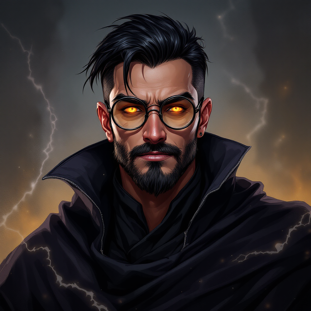 Dungeons and dragons character concept portrait. Male Warlock, Human race, Normal human anatomy and human face, non-fantasy features. Humans have strong jawline and rounded face features, with rounded eyes glowing golden eyes, black hair, sun kissed skin, big round glasses, clean shaved, cruel smile, charming, , dnd anime character portrait, dnd anime character, highly detailed, high quality anime character