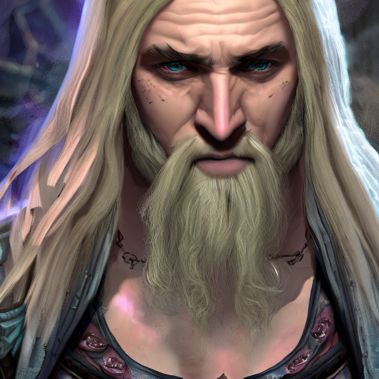 GURPS character concept portrait. Male Barbarian, Human race,  with horns, wearing a hood, with long blonde hair, with religious tattoos, scar on the face, with cleric Vestments, with chain shirt, with holy symbol , with missing ring Finger,  intricate, elegant, highly detailed, digital painting, artstation, concept art, smooth, sharp focus, illustration, art by stable diffusion ai's favorite artists