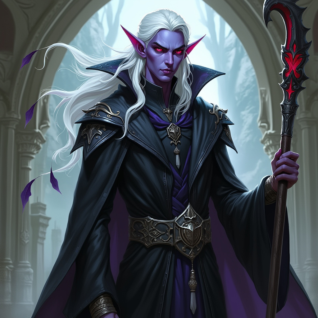 Dungeons and dragons character concept portrait. Male Sorcerer, Drow race, The drow, or dark elf, is a slender figure, with dark gray to nearly black skin. Their hair is stark white or pale silver, contrasting sharply with their skin. Drow have sharp, angular features, and vibrant eyes and angular eyes. They wear dark, elegant clothing with intricate details reflecting their underground and mysterious origins red dragon sorcerer, robe, purple skin, red hair, , , intricate, elegant, highly detailed, digital painting, artstation, concept art, smooth, sharp focus, illustration, art by stable diffusion ai's favorite artists