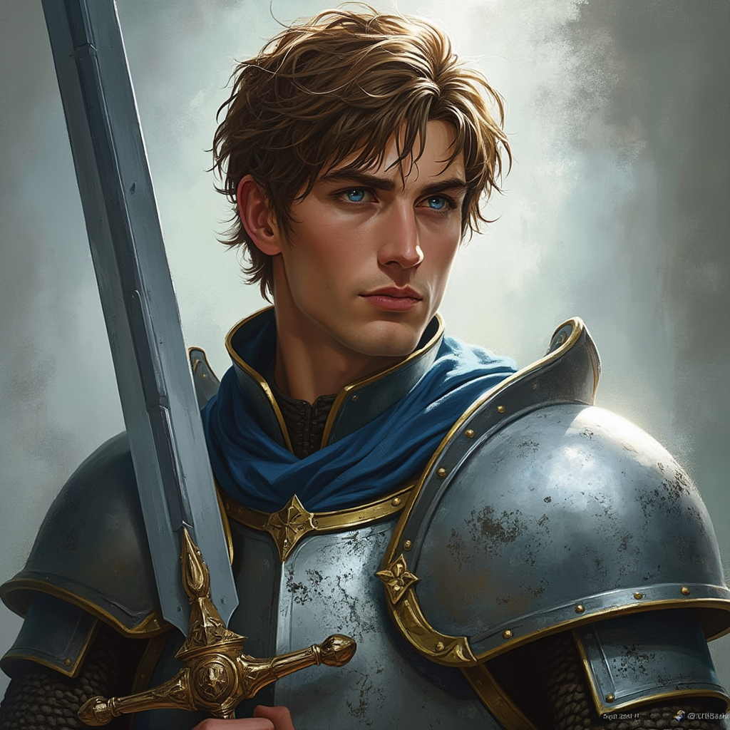Dungeons and dragons character concept portrait. Male Paladin, Human race, Normal human anatomy and human face, non-fantasy features. Humans have strong jawline and rounded face features, with rounded eyes 24 years old, medium brown hair, blue eyes, plate mail, handsome, order of the silver dragon, great sword, , intricate, elegant, highly detailed, digital painting, artstation, concept art, smooth, sharp focus, illustration, art by stable diffusion ai's favorite artists