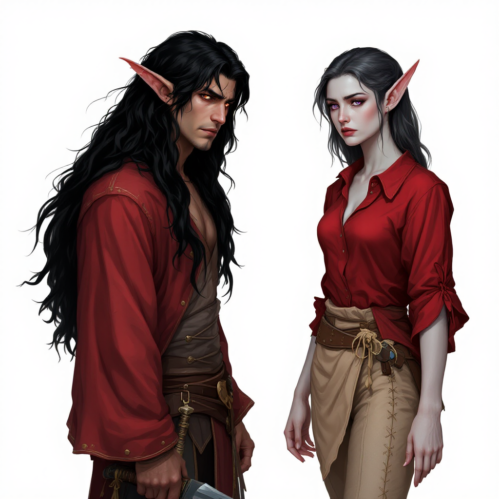 Dungeons and dragons character concept portrait. Male Barbarian, Human race, Normal human anatomy and human face, non-fantasy features. Humans have strong jawline and rounded face features, with rounded eyes   Dungeons and dragons character concept portrait. Female Bard, Half-Elf race, The half-elf is a tall, slender figure. They have a graceful appearance with high cheekbones. Their eyes are typically vibrant and round like human eyes hair is wavy very long and black with no white hair. with dark grey skin. Dark purple eyes. ears are short and not pointy. Red shirt and beige laced leather pants. Holding nothing in hand. Full body portrait. dagger and scimitar holding on belt. Sad face. intricate, elegant, highly detailed, digital painting, artstation, concept art, smooth, sharp focus, illustration, art by stable diffusion ai's favorite artists, , intricate, elegant, highly detailed, digital painting, artstation, concept art, smooth, sharp focus, illustration, art by stable diffusion ai's favorite artists