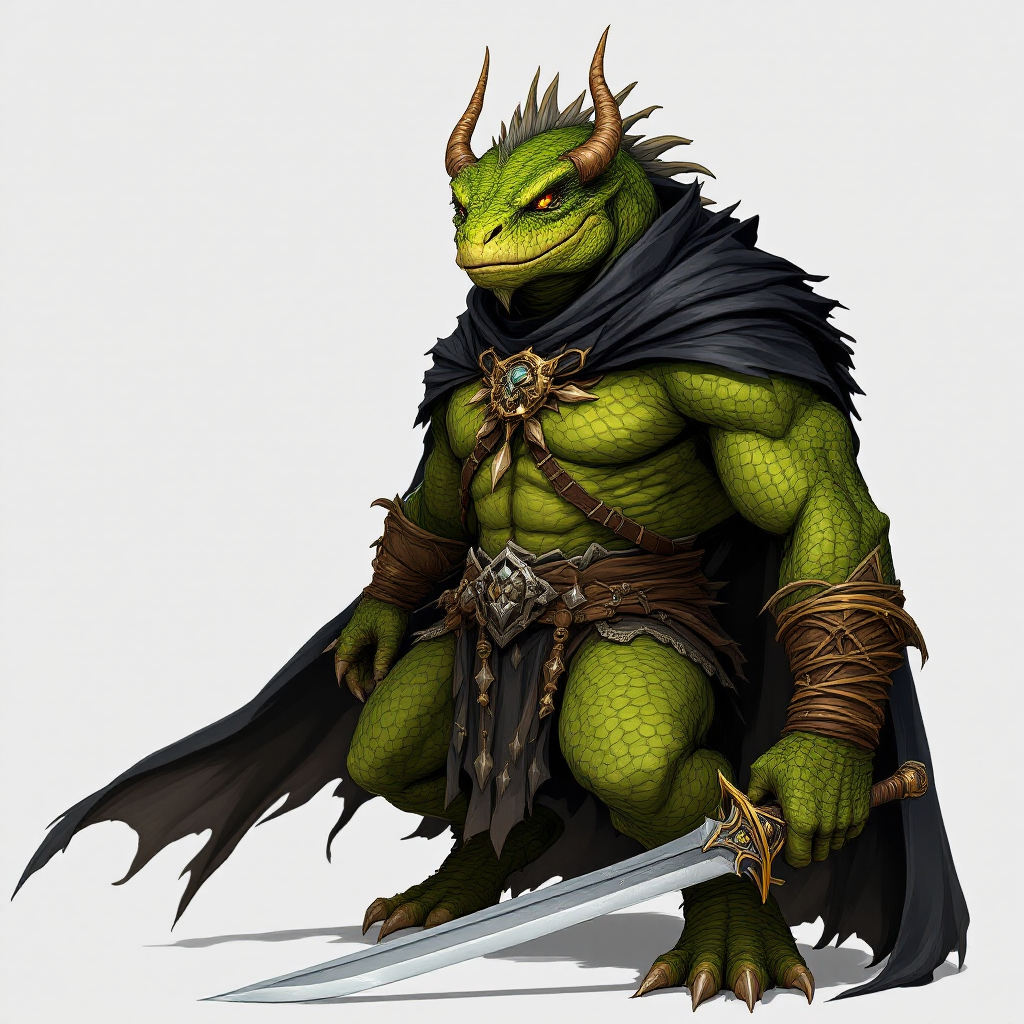 Dungeons and dragons character concept portrait. Male Fighter, Dragonborn race, The dragonborn is a tall and muscular humanoid, covered in fine, leather scales with larger scales on their forearms, legs, shoulders, and thighs. They have clawed hands and feet with three fingers and a thumb. Their face has a blunt snout, strong brow, and frills near the cheeks and ears. A crest of horn-like scales runs down the back of their head, resembling thick, ropy hair. Their eyes are red or gold He has the appearance of a green chameleon Lizard-folk. He wears the Cloak of Arachnida: A fine garment made of black silk interwoven with faint silvery threads, and under the cloak he wears common clothes . He is wielding A Sun Blade: a sword with a silver hilt and a blade of pure golden-white radiance that is thin as a wire. He has green eyes and a 1 single horn centered on his forehead., with green skin, , tech dnd character portrait, dnd tech character, highly detailed, high quality tech character, with technology elements, sci-fi dnd character
