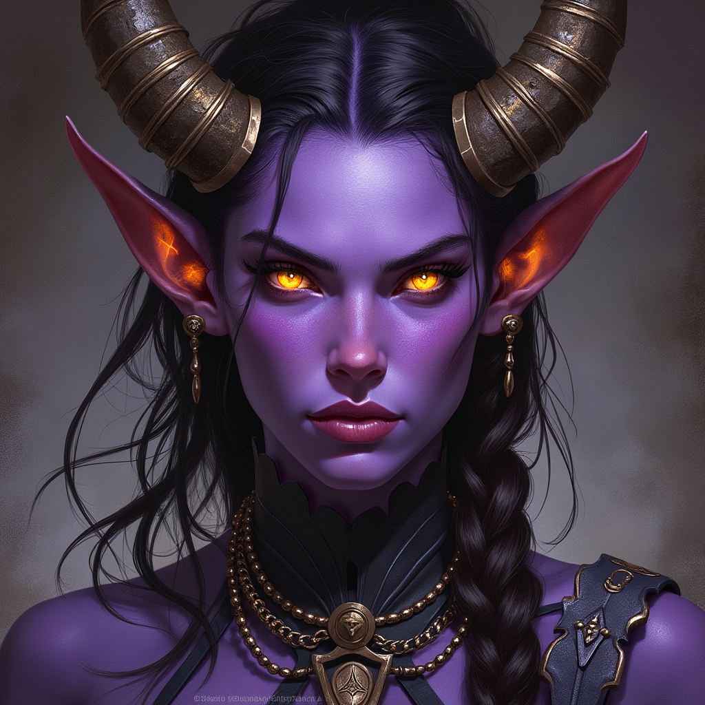 Dungeons and dragons character concept portrait. Female Fighter, Tiefling race, The tiefling is a tall and striking figure with a lean and muscular build. Sharp horns that grow amidst the hairline. Tieflings have glowing eyes which give them an otherworldly appearance. Tieflings favor bold clothing incorporating dark colors and intricate patterns Purple skin, golden eyes, short height, , intricate, elegant, highly detailed, digital painting, artstation, concept art, smooth, sharp focus, illustration, art by stable diffusion ai's favorite artists