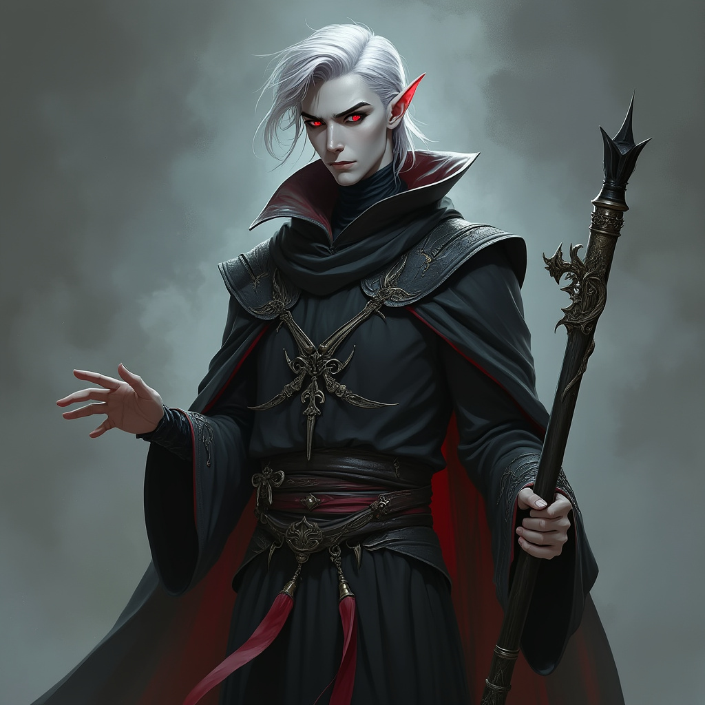 Dungeons and dragons character concept portrait. Male Sorcerer, Drow race, The drow, or dark elf, is a slender figure, with dark gray to nearly black skin. Their hair is stark white or pale silver, contrasting sharply with their skin. Drow have sharp, angular features, and vibrant eyes and angular eyes. They wear dark, elegant clothing with intricate details reflecting their underground and mysterious origins with robe, with red short hair, with red eyes,, , intricate, elegant, highly detailed, digital painting, artstation, concept art, smooth, sharp focus, illustration, art by stable diffusion ai's favorite artists