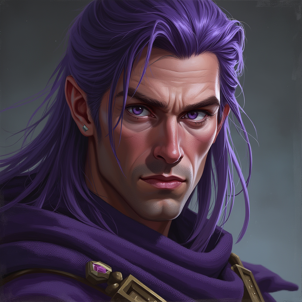 Dungeons and dragons character concept portrait. Male Barbarian, Human race, Normal human anatomy and human face, non-fantasy features. Humans have strong jawline and rounded face features, with rounded eyes woman, purple hair mage, purple eyes beautiful face, 30 years old, , intricate, elegant, highly detailed, digital painting, artstation, concept art, smooth, sharp focus, illustration, art by stable diffusion ai's favorite artists
