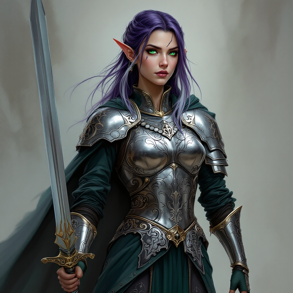 Dungeons and dragons character concept portrait. Female Paladin, Elf race, The elf is a slender, athletic figure, standing about the same height as a human. Elves have bright eyes. Elves have angular features and angular eyes. Their hair long with loose hairstyle Daralune Nightwhisper stands tall, her skin an ethereal shade of lavender, reflecting her eladrin elven lineage. Flowing around her shoulders, her dark violet hair transitions to silver at the tips, resembling starlit night. Her almond-shaped eyes shimmer with deep emerald hues. Her face  scarred by fire. A suit of polished silver plate armor, etched with designs of ancient woods, encases her figure. She carries two finely crafted long swords, hilts wrapped in deep green leather., , intricate, elegant, highly detailed, digital painting, artstation, concept art, smooth, sharp focus, illustration, art by stable diffusion ai's favorite artists