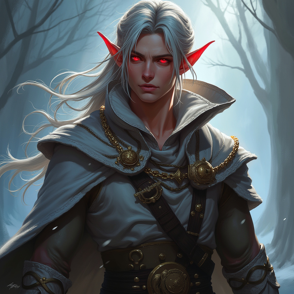 Dungeons and dragons character concept portrait. Male Sorcerer, Elf race, The elf is a slender, athletic figure, standing about the same height as a human. Elves have bright eyes. Elves have angular features and angular eyes. Their hair long with loose hairstyle with robe, short hair, with red eyes,, , intricate, elegant, highly detailed, digital painting, artstation, concept art, smooth, sharp focus, illustration, art by stable diffusion ai's favorite artists