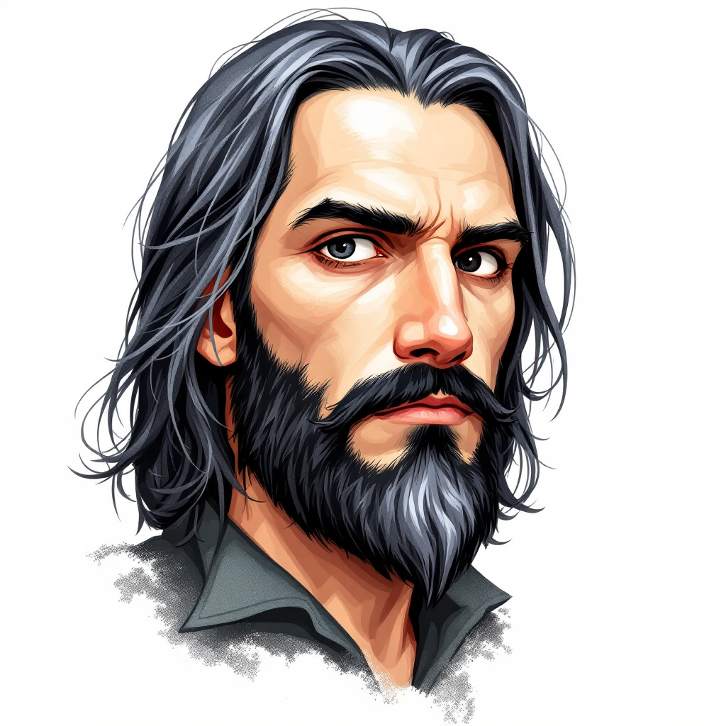 Dungeons and dragons character concept portrait. Male Wizard, Human race, Normal human anatomy and human face, non-fantasy features. Humans have strong jawline and rounded face features, with rounded eyes with albino skin, with shoulder-length black hair, with an all-black left eye and an all-white right eye, with a thin nose, with a short black beard, , dnd hand drawing, dnd drawing portrait, dnd character drawing, highly detailed hand drawing, high quality character drawing, colored drawing, colorful drawing, light background, solid background