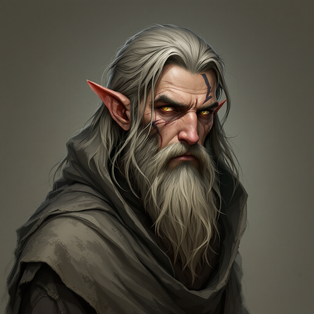 Dungeons and dragons character concept portrait. Male Sorcerer, Elf race, The elf is a slender, athletic figure, standing about the same height as a human. Elves have bright eyes. Elves have angular features and angular eyes. Their hair long with loose hairstyle wearing a hood, scar on the face, with long hair, with long beard, with tattoos on the face, bad, , intricate, elegant, highly detailed, digital painting, artstation, concept art, smooth, sharp focus, illustration, art by stable diffusion ai's favorite artists