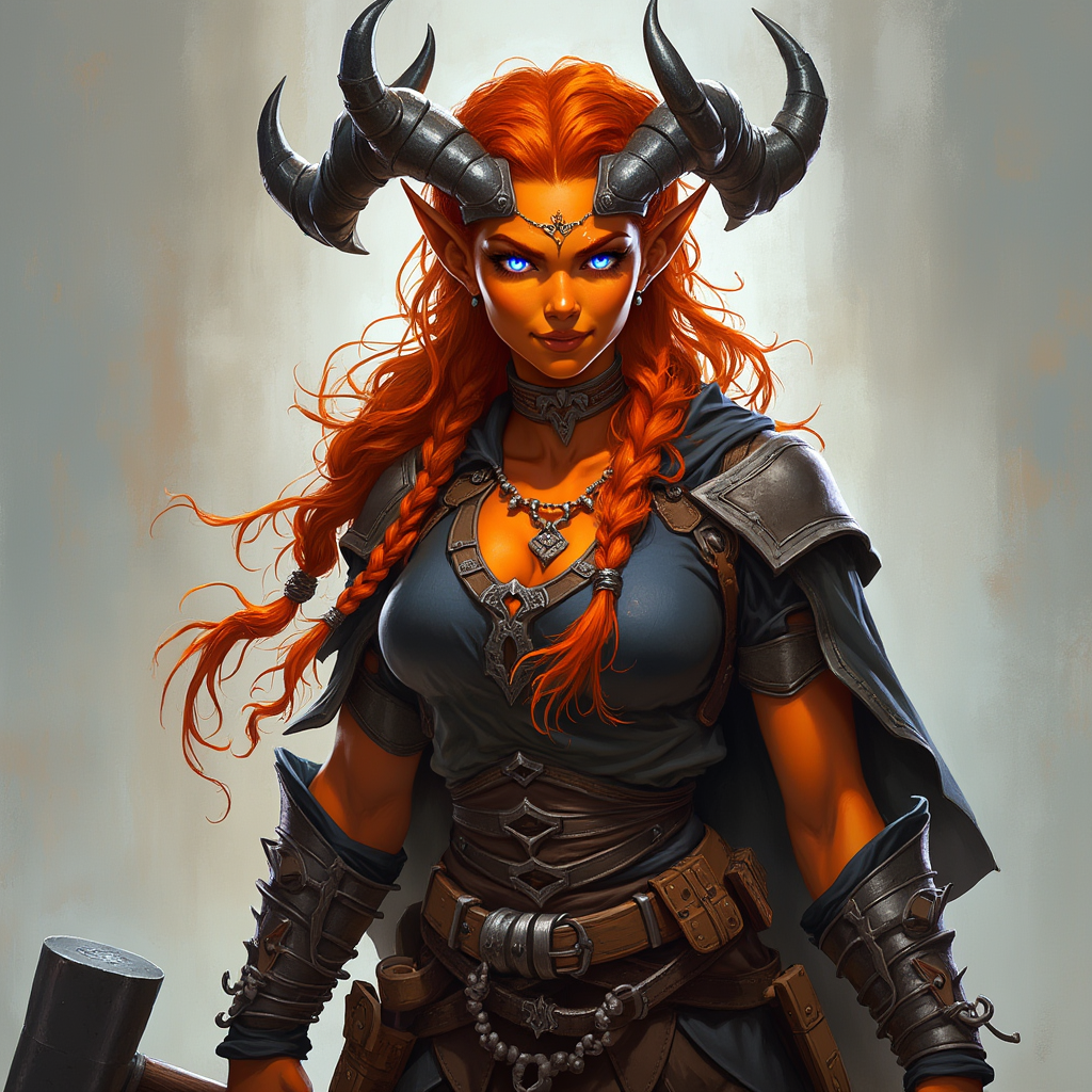 Dungeons and dragons character concept portrait. Female Paladin, Tiefling race, The tiefling is a tall and striking figure with a lean and muscular build. Sharp horns that grow amidst the hairline. Tieflings have glowing eyes which give them an otherworldly appearance. Tieflings favor bold clothing incorporating dark colors and intricate patterns Tiefling female, blacksmith, orange-gold skin,  fire red wavy hair tied up in messy braids, bright blue-white fiery eyes, multi-tipped antler-like horns grow from her head, carries a large hammer, muscular and stocky, wearing blacksmith's attire, smiling, , intricate, elegant, highly detailed, digital painting, artstation, concept art, smooth, sharp focus, illustration, art by stable diffusion ai's favorite artists