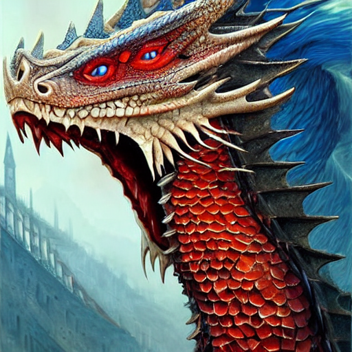 A portrait showing the  head of a dragon with Red scales, Blue-eyed dragon, with long neck in the shape of an S, dragon with Blue eyes, western dragon, game of thrones dragon,  intricate, elegant, highly detailed, digital painting, artstation, concept art, smooth, sharp focus, illustration, epic fantasy, epic professional digital art by greg rutkowski