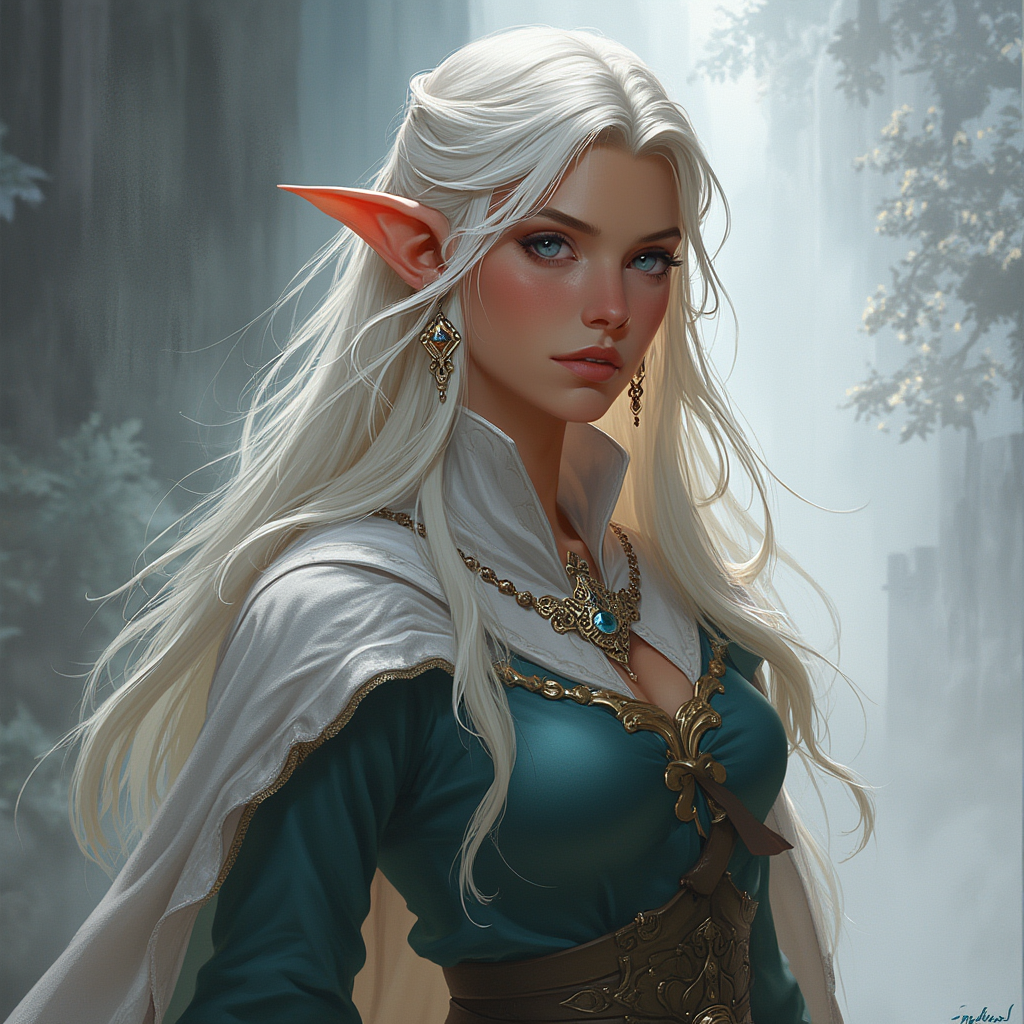 Dungeons and dragons character concept portrait. Female Cleric, Half-Elf race, The half-elf is a tall, slender figure. They have a graceful appearance with high cheekbones. Their eyes are typically vibrant and round like human eyes Half elf cleric with white blonde hair, tall, large breasts, human passing, with long hair, with ice blue eyes, small ears, , intricate, elegant, highly detailed, digital painting, artstation, concept art, smooth, sharp focus, illustration, art by stable diffusion ai's favorite artists