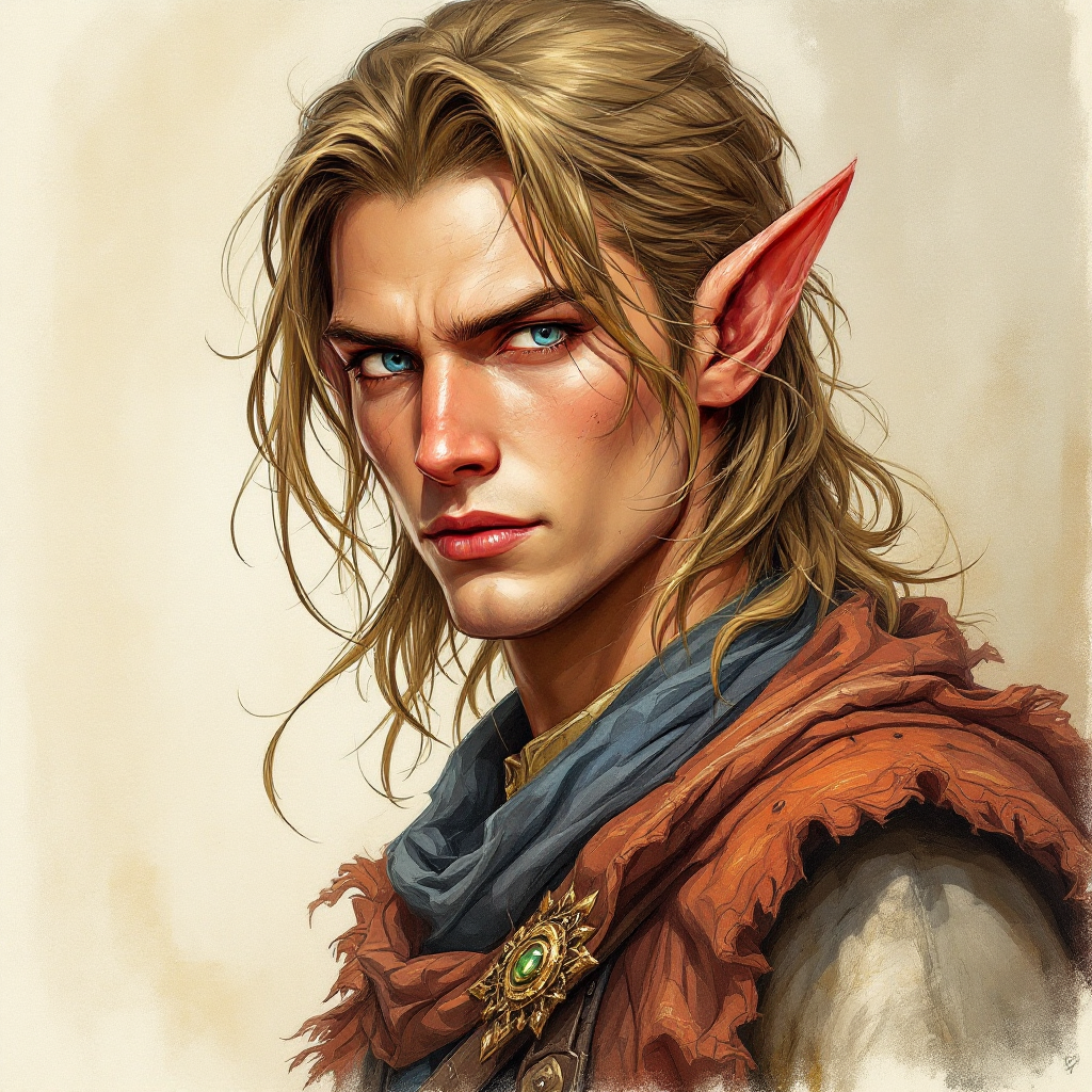 Dungeons and dragons character concept portrait. Male Fighter, Elf race, The elf is a slender, athletic figure, standing about the same height as a human. Elves have bright eyes. Elves have angular features and angular eyes. Their hair long with loose hairstyle with long hair, medium to tall height, very fit, primary weapon is a long bow, pale elfish skin, very charismatic, with blue eyes, , old school dnd portrait, old school dnd character, traditional dnd character art, dungeons and dragons traditional art, 2d character drawing, colored drawing, colorful drawing