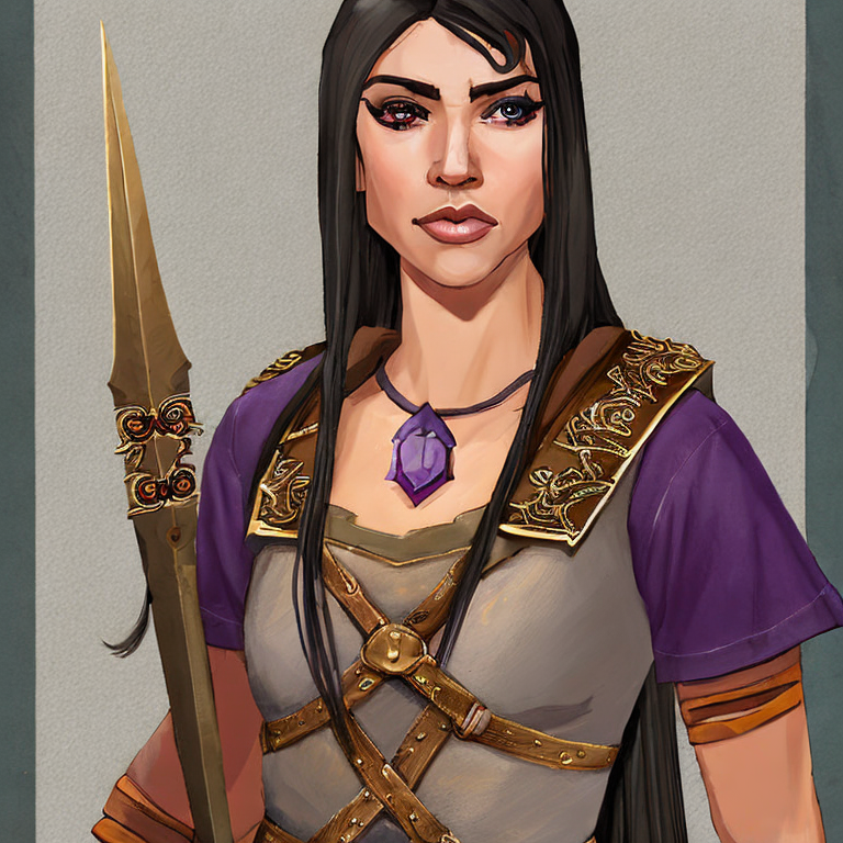 Dungeons and dragons character concept portrait. Female Bard, Half-Elf race, character with elf ears, character with elf eyes, with elf clothes with long black hair, grey skin, purple eyes, red shirt, laced beige leather pant, scimitar and dagger on belt,  intricate, elegant, highly detailed, digital painting, artstation, concept art, smooth, sharp focus, illustration, art by stable diffusion ai's favorite artists