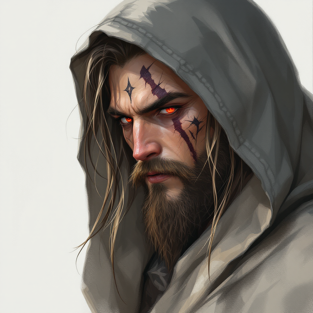 Dungeons and dragons character concept portrait. Male Sorcerer, Elf race, The elf is a slender, athletic figure, standing about the same height as a human. Elves have bright eyes. Elves have angular features and angular eyes. Their hair long with loose hairstyle wearing a hood, scar on the face, with long hair, with long beard, with tattoos on the face, bad, not old, with red eyes, , intricate, elegant, highly detailed, digital painting, artstation, concept art, smooth, sharp focus, illustration, art by stable diffusion ai's favorite artists