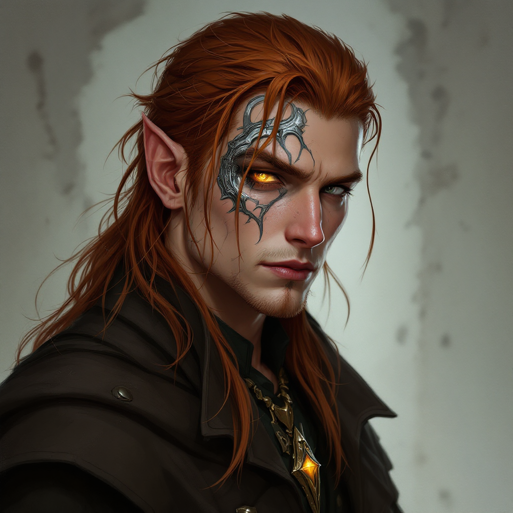 Dungeons and dragons character concept portrait. Male Paladin, Elf race, The elf is a slender, athletic figure, standing about the same height as a human. Elves have bright eyes. Elves have angular features and angular eyes. Their hair long with loose hairstyle Very handsome with auburn hair, mechanical gold eye, with long hair, with tattoos on the face, scar on the face, , intricate, elegant, highly detailed, digital painting, artstation, concept art, smooth, sharp focus, illustration, art by stable diffusion ai's favorite artists