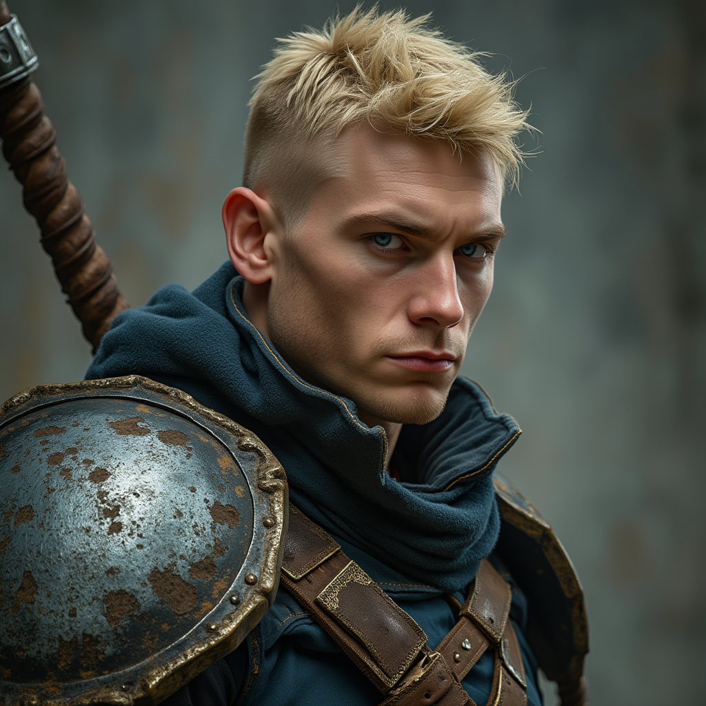 Dungeons and dragons character concept portrait. Male Fighter, Human race, Normal human anatomy and human face, non-fantasy features. Humans have strong jawline and rounded face features, with rounded eyes short blonde hair young muscley broad thick neck blue eyes no facial hair well built tank, , dnd photography, dnd live action, realistic dnd portrait, medium shot portrait, highly detailed, dynamic shot, 4k photo