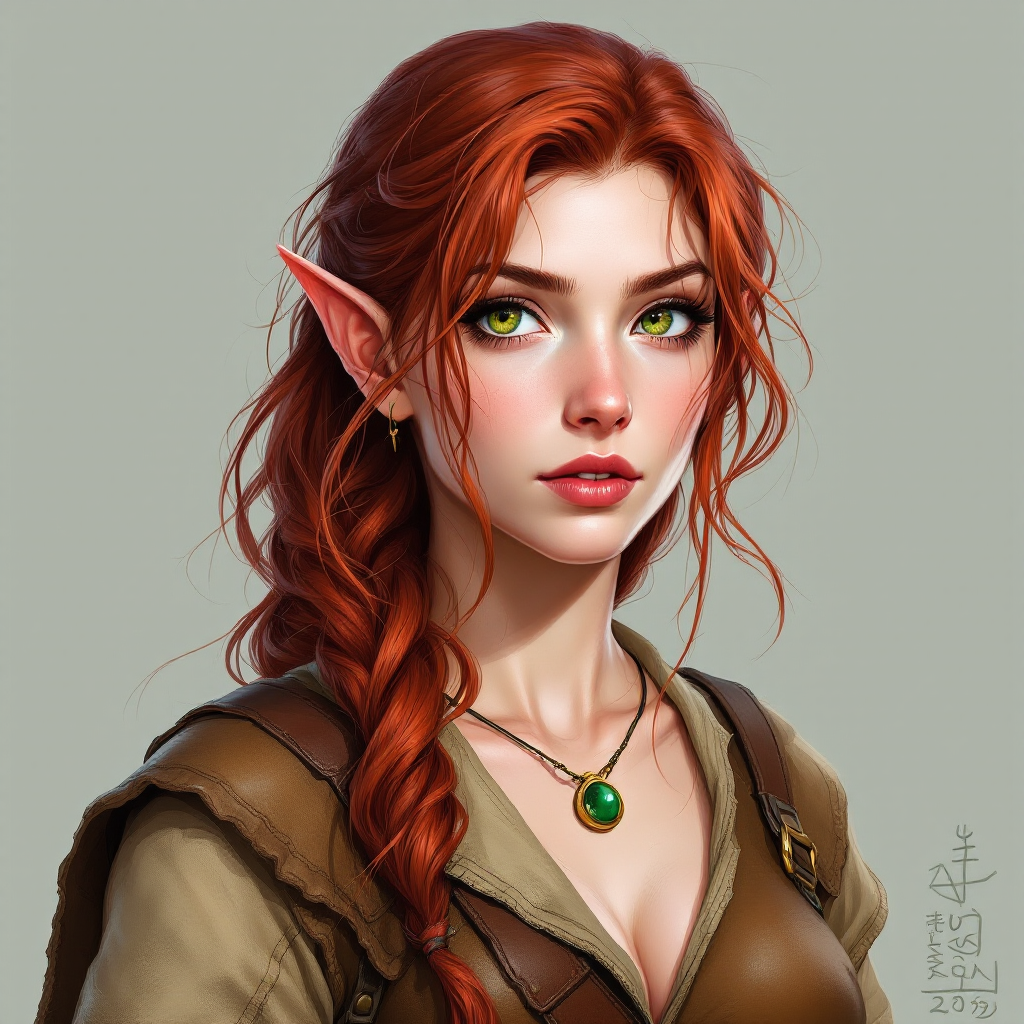 Dungeons and dragons character concept portrait. Female Ranger, Half-Elf race, The half-elf is a tall, slender figure. They have a graceful appearance with high cheekbones. Their eyes are typically vibrant and round like human eyes 23 years old. Eyes are bright green with flecks of gold. Skin is pale, silver-white. Hair is dark red, wavy and shiny. Leather ranger armor. Wears a small green amulet necklace., , old school dnd portrait, old school dnd character, traditional dnd character art, dungeons and dragons traditional art, 2d character drawing, colored drawing, colorful drawing