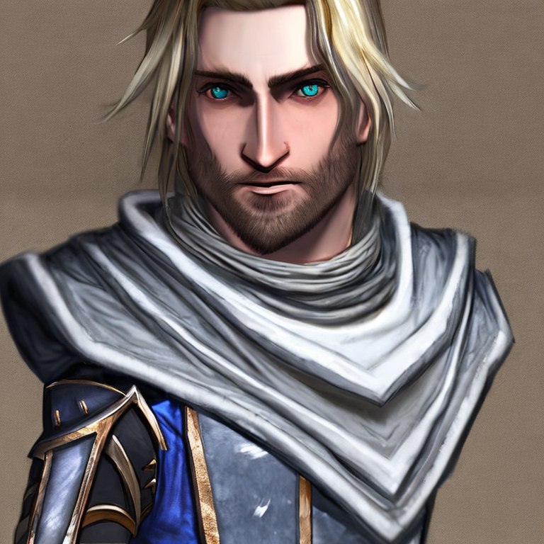 Dungeons and dragons character concept portrait. Male Human race, Good tendencies, Paladin class,   30 years old, short white haire and blue eyes. anime style,  front-facing portrait, medium shot, intricate, elegant, highly detailed, digital painting, artstation, concept art, smooth, sharp focus, illustration, art by stable diffusion ai's favorite artists