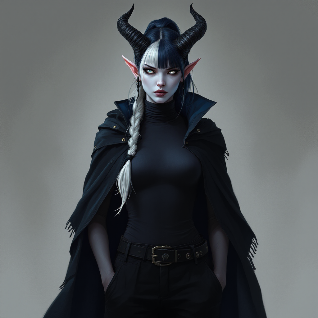 Dungeons and dragons character concept portrait. Female Sorcerer, Tiefling race, The tiefling is a tall and striking figure with a lean and muscular build. Sharp horns that grow amidst the hairline. Tieflings have glowing eyes which give them an otherworldly appearance. Tieflings favor bold clothing incorporating dark colors and intricate patterns Skin color pale blue tint. Her Clothing is fitted straight black cargo pants, black combat boots and a turtleneck tank top with a shadowy cloak. Hair is two-toned navy with white, in a long ponytail with straight-cut bangs across the forehead. Ears have many earrings that are spikes. She has a simple black septum piercing. Eyes are pale, glowing gray-blue. Facial expression is bored.  She has a soft rectangle face shape. Her horns are black and shaped like ram horns. She is standing with hands in her pockets, , dnd baroque character portrait, dnd character from the baroque era, baroque luxurious elements, baroque dramatic lighting, light and shadow contrast