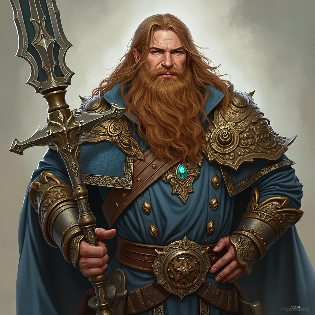 Dungeons and dragons character concept portrait. Male Cleric, Dwarf race, The dwarf is a short and broad figure. Dwarves have long hair. Dwarves have rounded face features. Their clothing and gear are decorated with bold geometric designs, gems, and ancestral faces , intricate, elegant, highly detailed, digital painting, artstation, concept art, smooth, sharp focus, illustration, art by stable diffusion ai's favorite artists