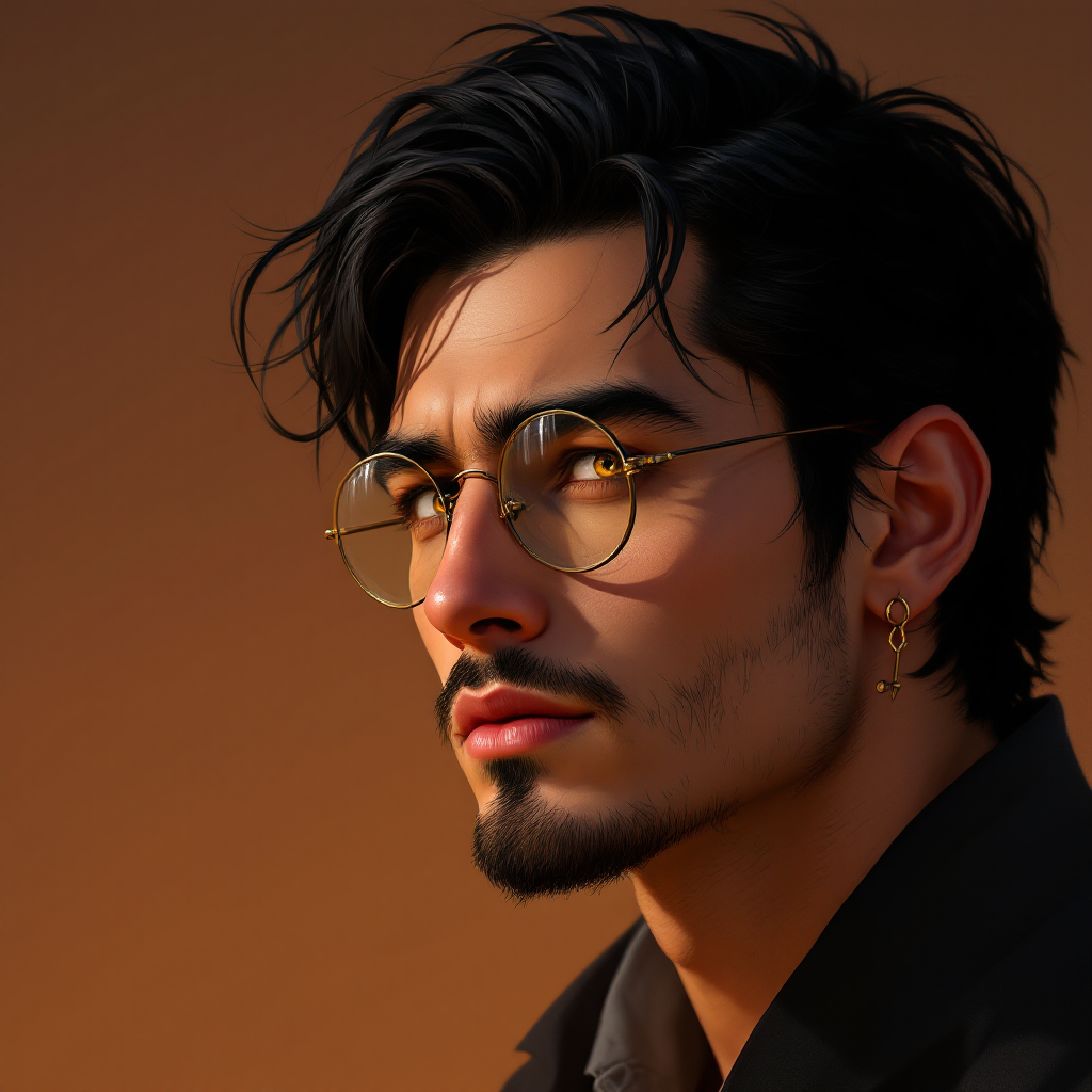 Dungeons and dragons character concept portrait. Male Wizard, Human race, Normal human anatomy and human face, non-fantasy features. Humans have strong jawline and rounded face features, with rounded eyes tired young man with black hair with sun kissed skin with golden eyes with big circle glasses. clean shaven, , intricate, elegant, highly detailed, digital painting, artstation, concept art, smooth, sharp focus, illustration, art by stable diffusion ai's favorite artists