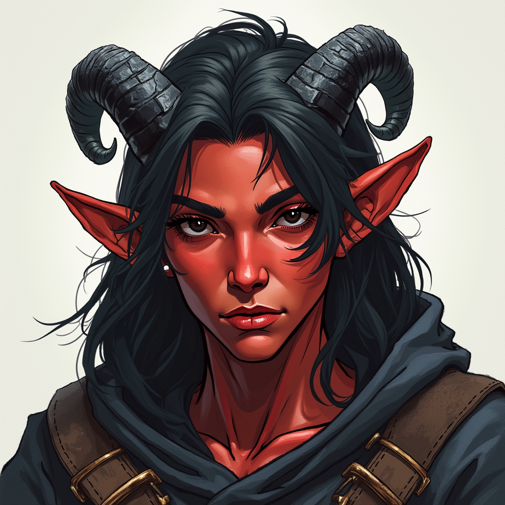 Dungeons and dragons character concept portrait. Male Barbarian, Human race, Normal human anatomy and human face, non-fantasy features. Humans have strong jawline and rounded face features, with rounded eyes girl with black hair, black eyes, wearing black hood, long crooked ears, black horns, red skin, , dnd hand drawing, dnd drawing portrait, dnd character drawing, highly detailed hand drawing, high quality character drawing, colored drawing, colorful drawing, light background, solid background