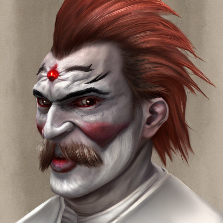 Dungeons and dragons character concept portrait. Male Human race, Good tendencies, Clown profession, white painted face, red painted nose, Lesser Nobility social class,   front-facing portrait, medium shot, intricate, elegant, highly detailed, digital painting, artstation, concept art, smooth, sharp focus, illustration, art by stable diffusion ai's favorite artists