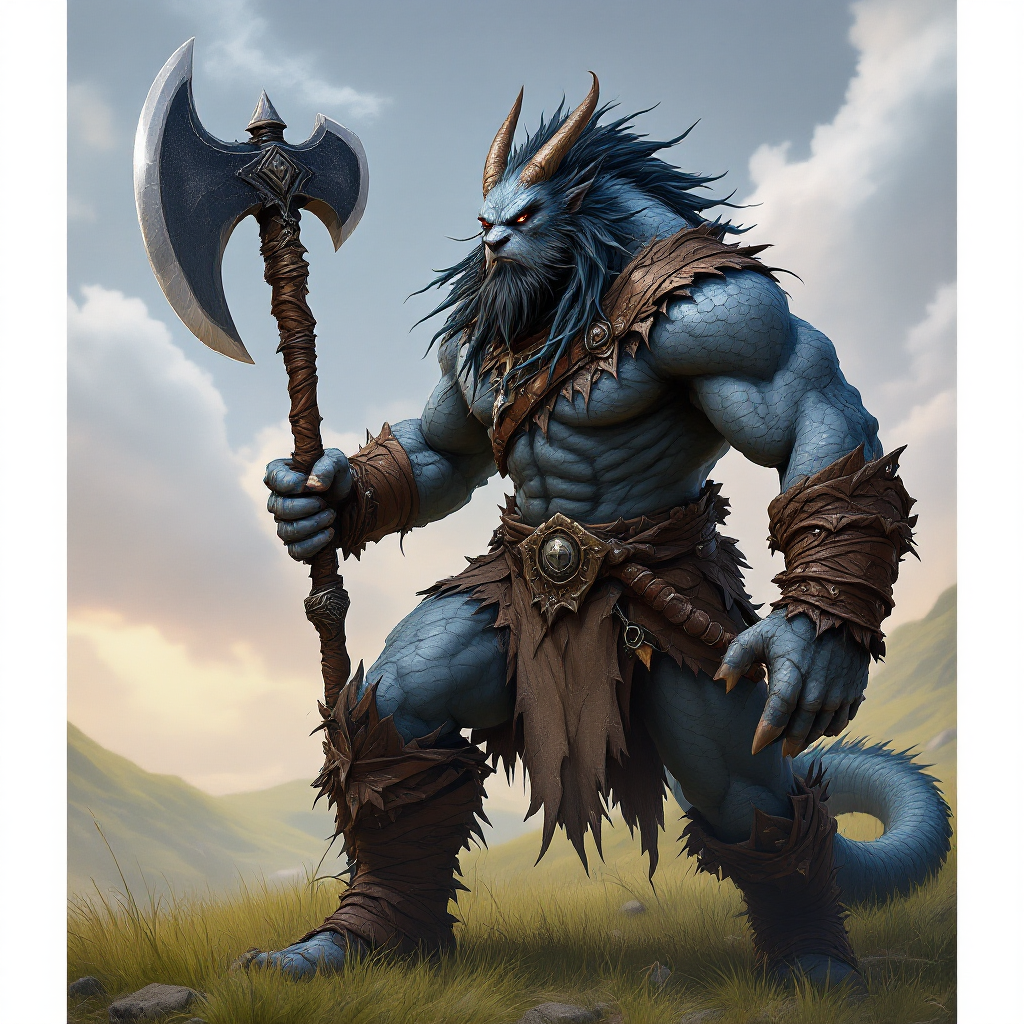 Dungeons and dragons character concept portrait. Male Barbarian, Dragonborn race, The dragonborn is a tall and muscular humanoid, covered in fine, leather scales with larger scales on their forearms, legs, shoulders, and thighs. They have clawed hands and feet with three fingers and a thumb. Their face has a blunt snout, strong brow, and frills near the cheeks and ears. A crest of horn-like scales runs down the back of their head, resembling thick, ropy hair. Their eyes are red or gold with blue skin and gold eyes holding a great axe. Setting is open grassland, no hair no beard, , dnd photography, dnd live action, realistic dnd portrait, medium shot portrait, highly detailed, dynamic shot, 4k photo