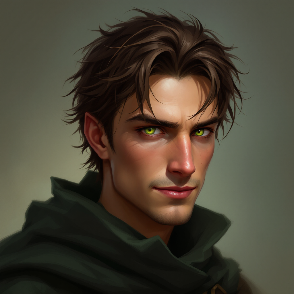 Dungeons and dragons character concept portrait. Male Rogue, Human race, Normal human anatomy and human face, non-fantasy features. Humans have strong jawline and rounded face features, with rounded eyes 21 years old. Hair is messy brown. Green eyes bright. Smirking. Wears a cloak of elvenkind.face structure is diamond, , intricate, elegant, highly detailed, digital painting, artstation, concept art, smooth, sharp focus, illustration, art by stable diffusion ai's favorite artists