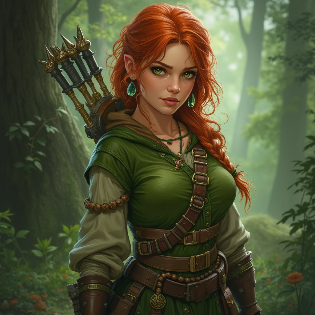 Dungeons and dragons character concept portrait. Female Ranger, Gnome race, The gnome have bright eyes, and an expressive demeanor. They use earrings. Gnomes favor colorful, mismatched clothing female forest gnome with green skin red hair and green eyes, ranger full body picture, , , dnd photography, dnd live action, realistic dnd portrait, medium shot portrait, highly detailed, dynamic shot, 4k photo