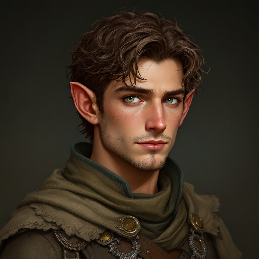 Dungeons and dragons character concept portrait. Male Rogue, Halflin race, The halfling is a stocky figure. They have a round face, large, expressive eyes, and a cheerful demeanor. Their hair is curly or wavy. Their attire feature earthy colors brown hair, green eyes, pale skin, forty years old, , intricate, elegant, highly detailed, digital painting, artstation, concept art, smooth, sharp focus, illustration, art by stable diffusion ai's favorite artists