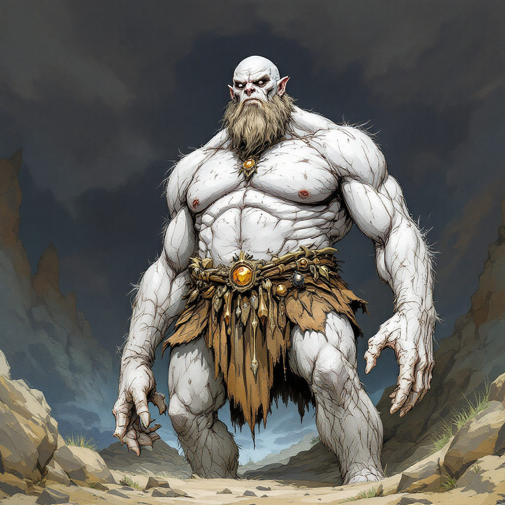 The giant is a colossal being with a massive build. Giants are tall humanoids with huge muscles. They have wild hair and clothing made from natural materials like animal leather. DnD Giant. Grey  monster  7'4