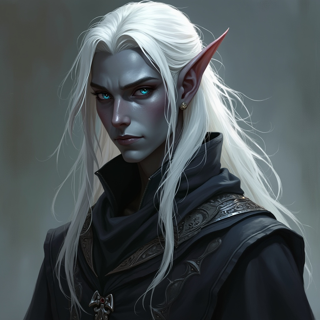 Dungeons and dragons character concept portrait. Male Sorcerer, Drow race, The drow, or dark elf, is a slender figure, with dark gray to nearly black skin. Their hair is stark white or pale silver, contrasting sharply with their skin. Drow have sharp, angular features, and vibrant eyes and angular eyes. They wear dark, elegant clothing with intricate details reflecting their underground and mysterious origins with robe, mid-length hair, , intricate, elegant, highly detailed, digital painting, artstation, concept art, smooth, sharp focus, illustration, art by stable diffusion ai's favorite artists