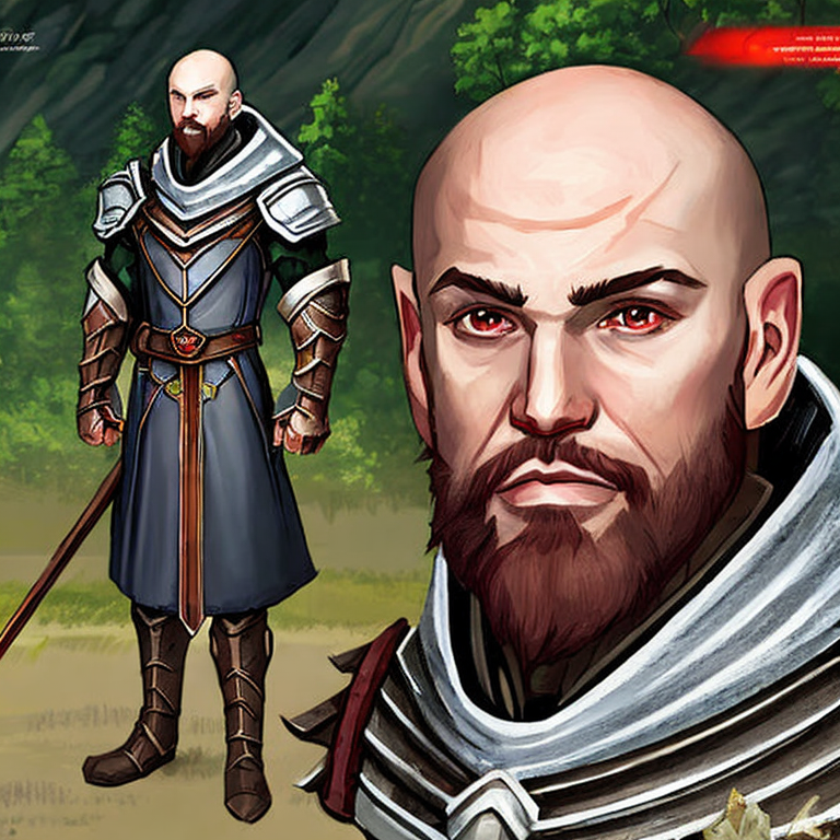 Dungeons and dragons character concept portrait. Male Paladin, Elf race,  Red skin, bald head, red pupils, short beard, grey armor, forrest background, , intricate, elegant, highly detailed, digital painting, artstation, concept art, smooth, sharp focus, illustration, art by stable diffusion ai's favorite artists