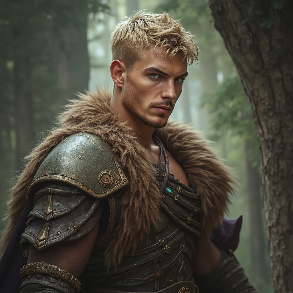 Dungeons and dragons character concept portrait. Male Fighter, Human race, Normal human anatomy and human face, non-fantasy features. Humans have strong jawline and rounded face features, with rounded eyes short blonde hair no facial hair happy blue eyes hansome shapeshifter bear shoulder and arm half man, , dnd photography, dnd live action, realistic dnd portrait, medium shot portrait, highly detailed, dynamic shot, 4k photo