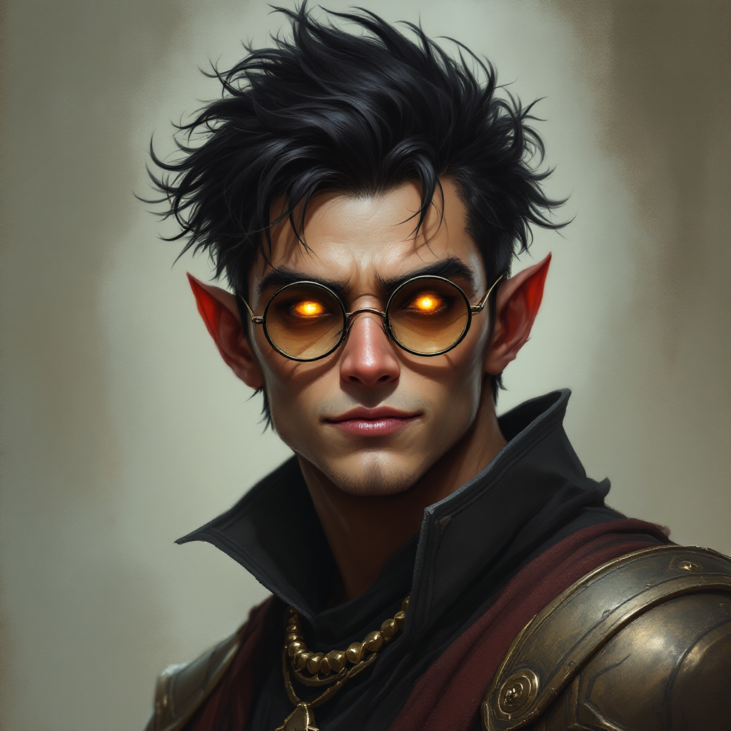 The humanoid is a versatile figure similar humans, with humanoid limbs with slight variations in features. They have an adaptable appearance reflecting a blend of different cultural styles and practical clothing. DnD Humanoid. Light-Brown Male monster  BLACK HAIR, GLOWING GOLDEN EYES, ROUND GLASSES, WARLOCK, CHARMING, CRUEL SMILE, YOUNG, . Dungeons and dragons monster concept portrait, intricate, elegant, highly detailed, digital painting, artstation, concept art, smooth, sharp focus, illustration, art by stable diffusion ai's favorite artists