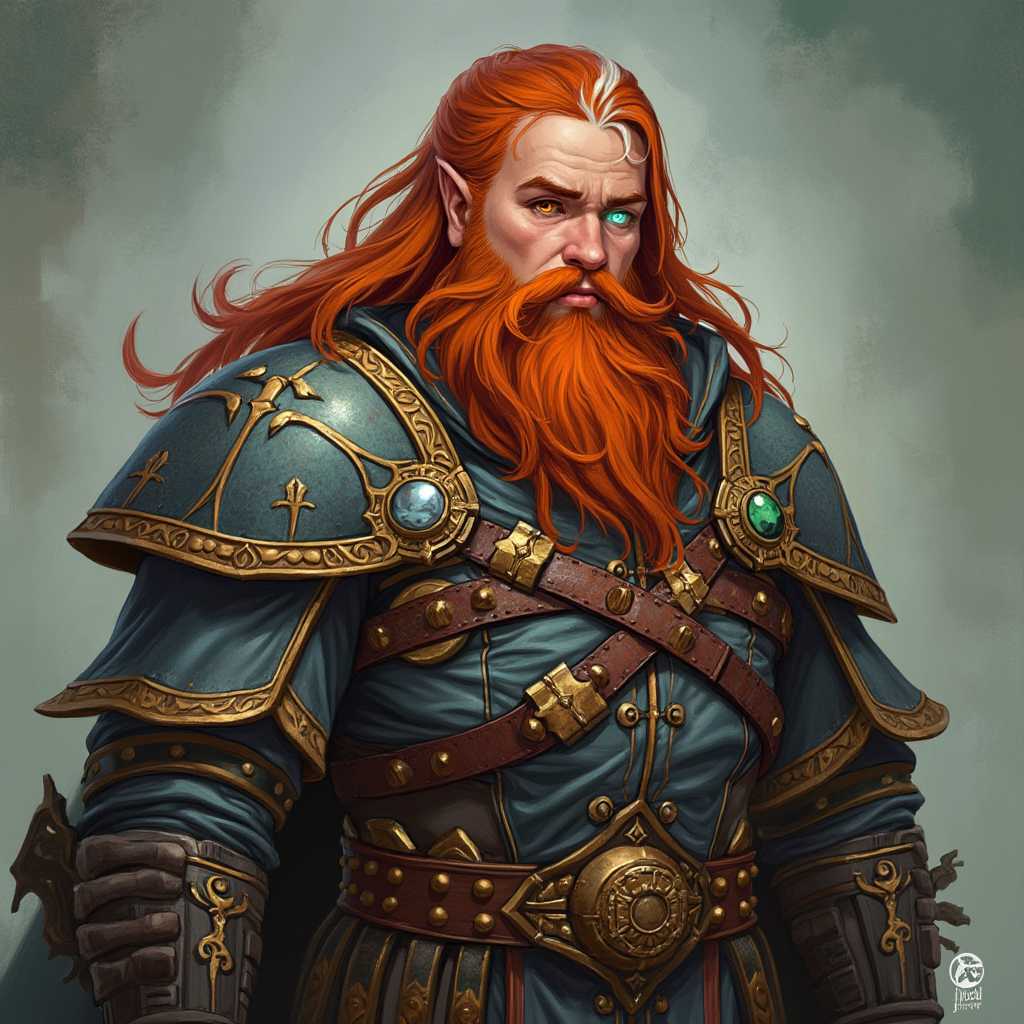 Dungeons and dragons character concept portrait. Male Cleric, Dwarf race, The dwarf is a short and broad figure. Dwarves have long hair. Dwarves have rounded face features. Their clothing and gear are decorated with bold geometric designs, gems, and ancestral faces Artificer with long red hair  and beard with a white streak in his hair with a robot arm with one amber eye and one eerie green eye, , intricate, elegant, highly detailed, digital painting, artstation, concept art, smooth, sharp focus, illustration, art by stable diffusion ai's favorite artists