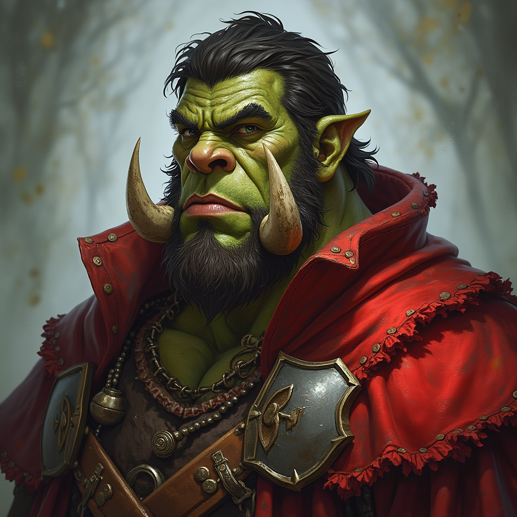 Dungeons and dragons character concept portrait. Male Paladin, Half-Orc race, The half-orc is a robust figure, with a broad and muscular build. They have greenish skin, with pronounced features such as a strong jawline, large tusks protruding from their lower lip, and a prominent brow. Half-orcs have coarse, dark hair. Half-orcs wear rugged, practical clothing suited for combat or hard labor 20 years old and dark red , , dnd photography, dnd live action, realistic dnd portrait, medium shot portrait, highly detailed, dynamic shot, 4k photo