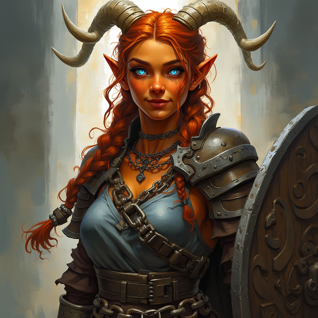 Dungeons and dragons character concept portrait. Female Paladin, Tiefling race, The tiefling is a tall and striking figure with a lean and muscular build. Sharp horns that grow amidst the hairline. Tieflings have glowing eyes which give them an otherworldly appearance. Tieflings favor bold clothing incorporating dark colors and intricate patterns Tiefling female, orange-gold skin,  fire red wavy hair tied up in messy braids, bright blue-white fiery eyes, light colored multi-tipped antler-like natural horns grow from her head, carries a large hammer, muscular and stocky, dressed simply as a blacksmith, chain armor, friendly smile, a carved wooden shield, , intricate, elegant, highly detailed, digital painting, artstation, concept art, smooth, sharp focus, illustration, art by stable diffusion ai's favorite artists