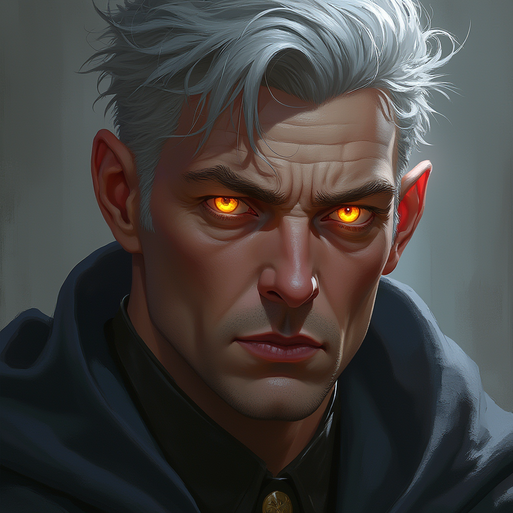 Dungeons and dragons character concept portrait. Male Warlock, Human race, Normal human anatomy and human face, non-fantasy features. Humans have strong jawline and rounded face features, with rounded eyes middle aged human male warlock glowing golden eyes short grey hair no facial hair, , intricate, elegant, highly detailed, digital painting, artstation, concept art, smooth, sharp focus, illustration, art by stable diffusion ai's favorite artists