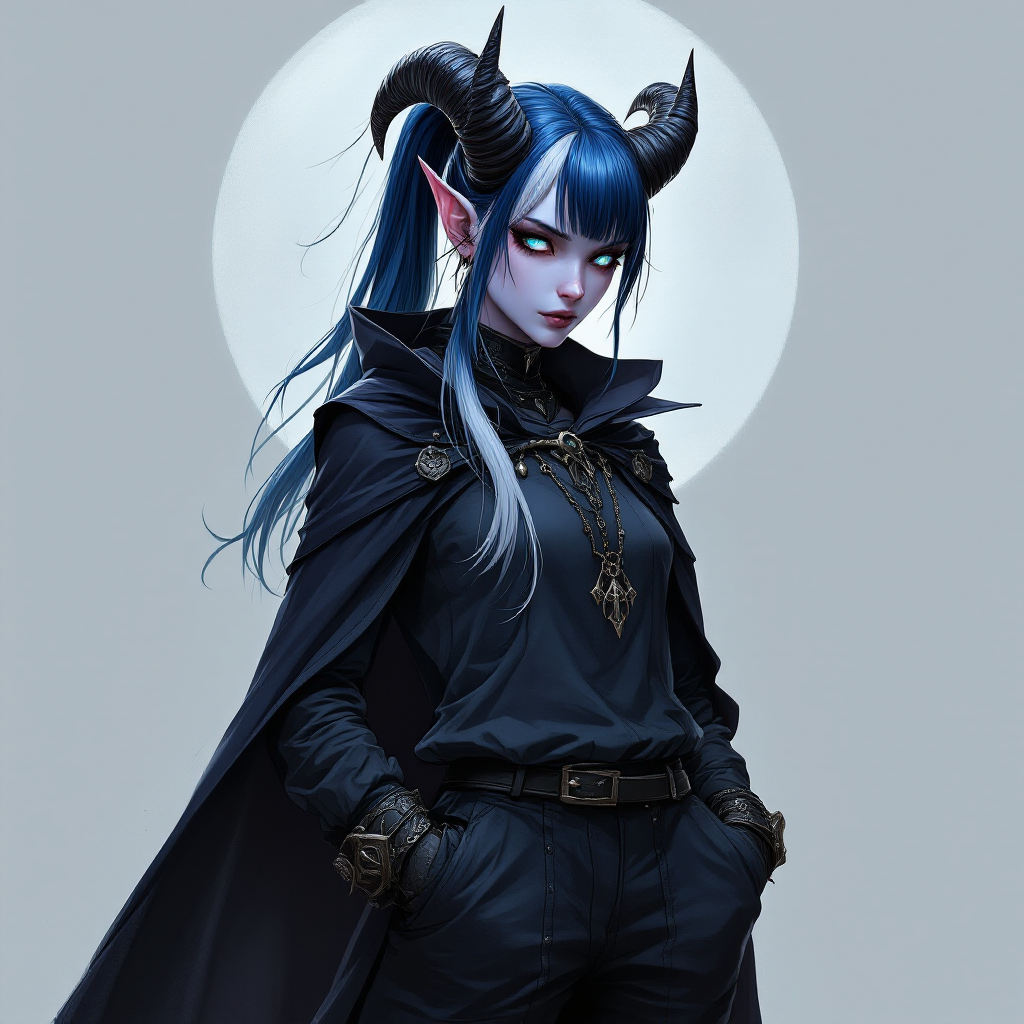 Dungeons and dragons character concept portrait. Female Sorcerer, Tiefling race, The tiefling is a tall and striking figure with a lean and muscular build. Sharp horns that grow amidst the hairline. Tieflings have glowing eyes which give them an otherworldly appearance. Tieflings favor bold clothing incorporating dark colors and intricate patterns Two-tone Navy and white Hair in a long ponytail with straight-cut bangs. Very pale blue skin. Emo/goth style clothes and a shadowy cape. Standing with hands in pockets. Black ram style horns, , dnd anime character portrait, dnd anime character, highly detailed, high quality anime character