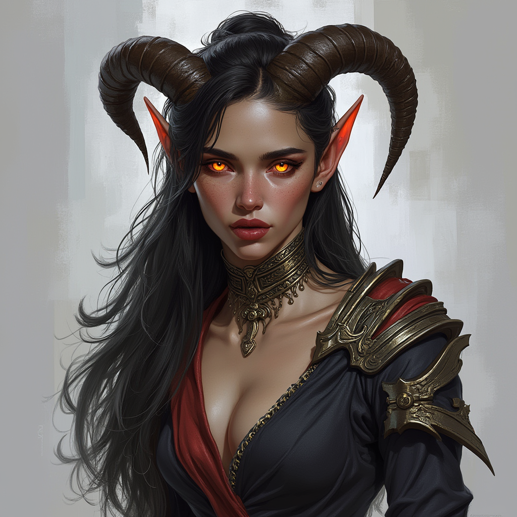 Dungeons and dragons character concept portrait. Female Fighter, Tiefling race, The tiefling is a tall and striking figure with a lean and muscular build. Sharp horns that grow amidst the hairline. Tieflings have glowing eyes which give them an otherworldly appearance. Tieflings favor bold clothing incorporating dark colors and intricate patterns , intricate, elegant, highly detailed, digital painting, artstation, concept art, smooth, sharp focus, illustration, art by stable diffusion ai's favorite artists