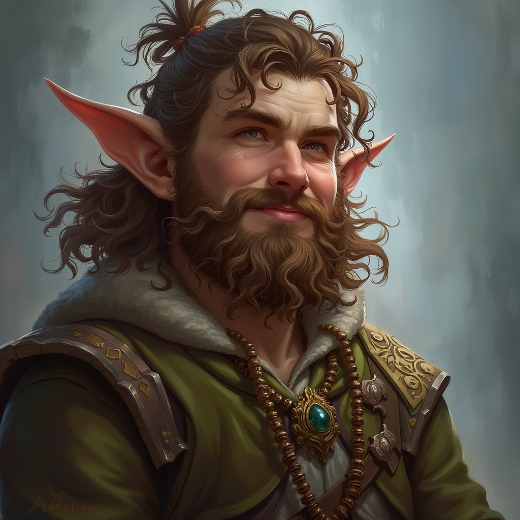Dungeons and dragons character concept portrait. Male Wizard, Halflin race, The halfling is a stocky figure. They have a round face, large, expressive eyes, and a cheerful demeanor. Their hair is curly or wavy. Their attire feature earthy colors , intricate, elegant, highly detailed, digital painting, artstation, concept art, smooth, sharp focus, illustration, art by stable diffusion ai's favorite artists