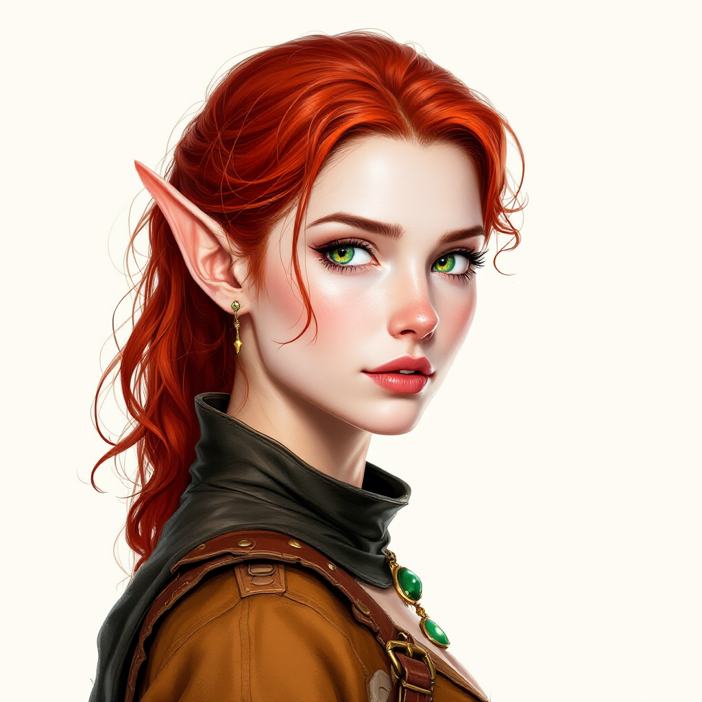 Dungeons and dragons character concept portrait. Female Ranger, Half-Elf race, The half-elf is a tall, slender figure. They have a graceful appearance with high cheekbones. Their eyes are typically vibrant and round like human eyes 23 years old. Eyes are bright green with flecks of gold. Skin is pale, silver-white. Hair is dark red, wavy and shiny. Leather ranger armor. Wears a small green amulet necklace., , dnd hand drawing, dnd drawing portrait, dnd character drawing, highly detailed hand drawing, high quality character drawing, colored drawing, colorful drawing, light background, solid background