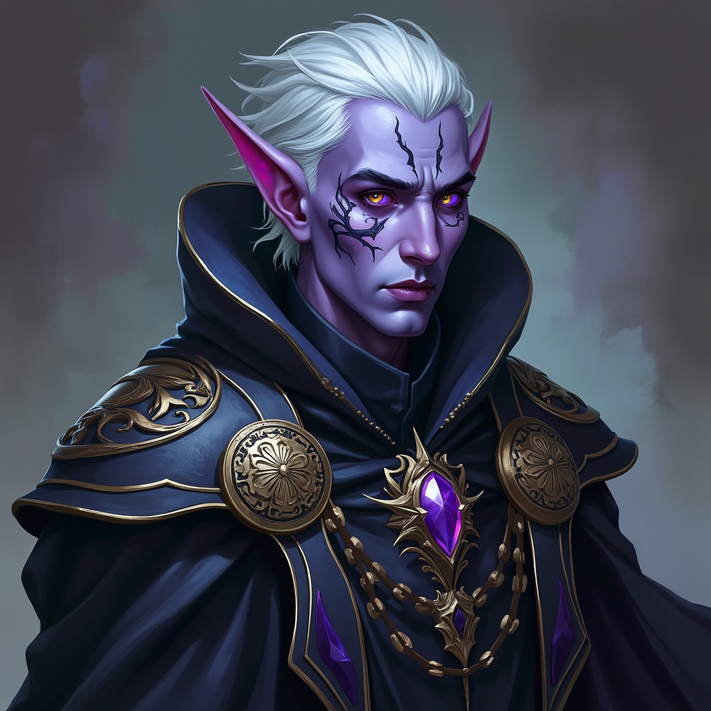 Dungeons and dragons character concept portrait. Male Sorcerer, Drow race, The drow, or dark elf, is a slender figure, with dark gray to nearly black skin. Their hair is stark white or pale silver, contrasting sharply with their skin. Drow have sharp, angular features, and vibrant eyes and angular eyes. They wear dark, elegant clothing with intricate details reflecting their underground and mysterious origins male drow, red dragon sorcerer, robe, purple skin, D&D, with tattoos on face, , intricate, elegant, highly detailed, digital painting, artstation, concept art, smooth, sharp focus, illustration, art by stable diffusion ai's favorite artists