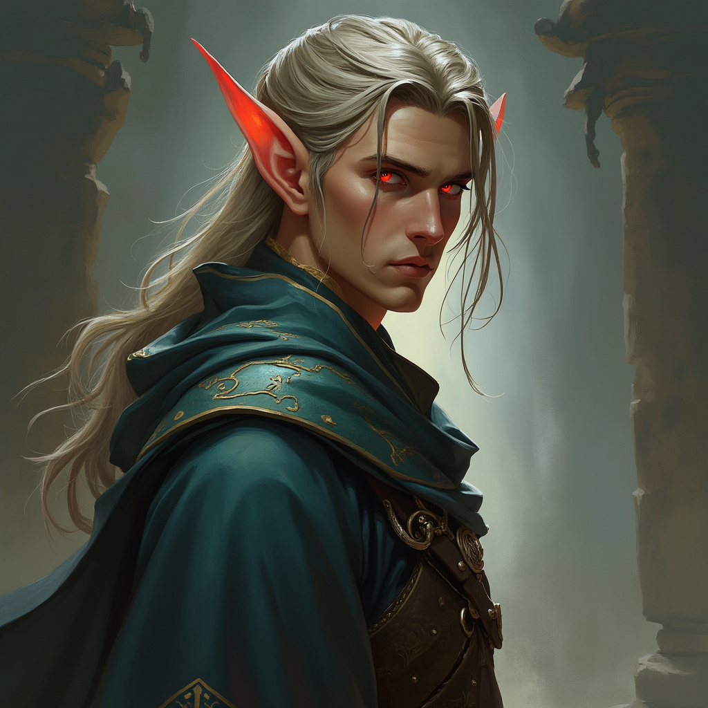 Dungeons and dragons character concept portrait. Male Sorcerer, Elf race, The elf is a slender, athletic figure, standing about the same height as a human. Elves have bright eyes. Elves have angular features and angular eyes. Their hair long with loose hairstyle with robe, short hair, with red eyes,, , intricate, elegant, highly detailed, digital painting, artstation, concept art, smooth, sharp focus, illustration, art by stable diffusion ai's favorite artists