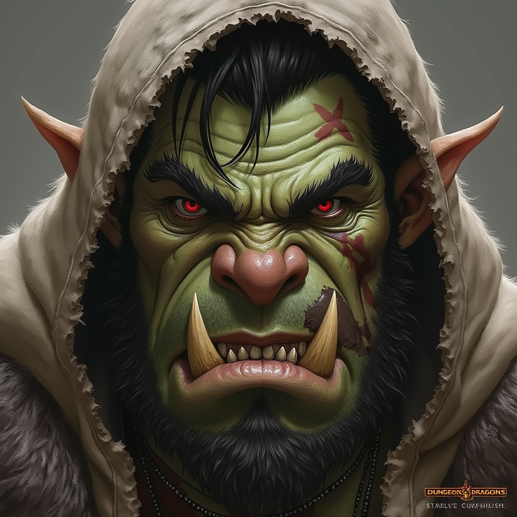 Dungeons and dragons character concept portrait. Male Barbarian, Half-Orc race, The half-orc is a robust figure, with a broad and muscular build. They have greenish skin, with pronounced features such as a strong jawline, large tusks protruding from their lower lip, and a prominent brow. Half-orcs have coarse, dark hair. Half-orcs wear rugged, practical clothing suited for combat or hard labor Menacing look with teeth tusks, wearing a hood, with tattoos , scar on the face, , intricate, elegant, highly detailed, digital painting, artstation, concept art, smooth, sharp focus, illustration, art by stable diffusion ai's favorite artists
