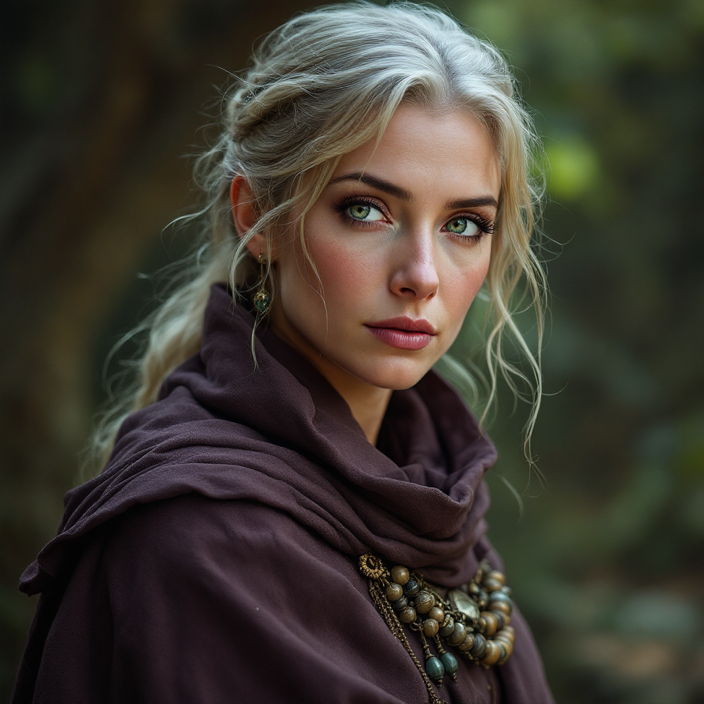 Dungeons and dragons character concept portrait. Female Sorcerer, Human race, Normal human anatomy and human face, non-fantasy features. Humans have strong jawline and rounded face features, with rounded eyes A older middle aged human woman in scholar robes with blonde hair and green eyes, , dnd photography, dnd live action, realistic dnd portrait, medium shot portrait, highly detailed, dynamic shot, 4k photo